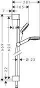 Zeichnung eines Hansgrohe-Duschsets mit einer Brausestange und einem Duschkopf, skaliert mit Maßangaben sowie detaillierten Proportionen und Verbindungen.